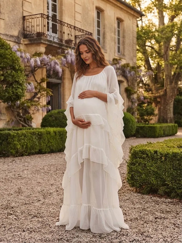 White Ruffle Maternity Maxi Dress with Sheer Lantern Sleeve Detail and Elegant Silhouette