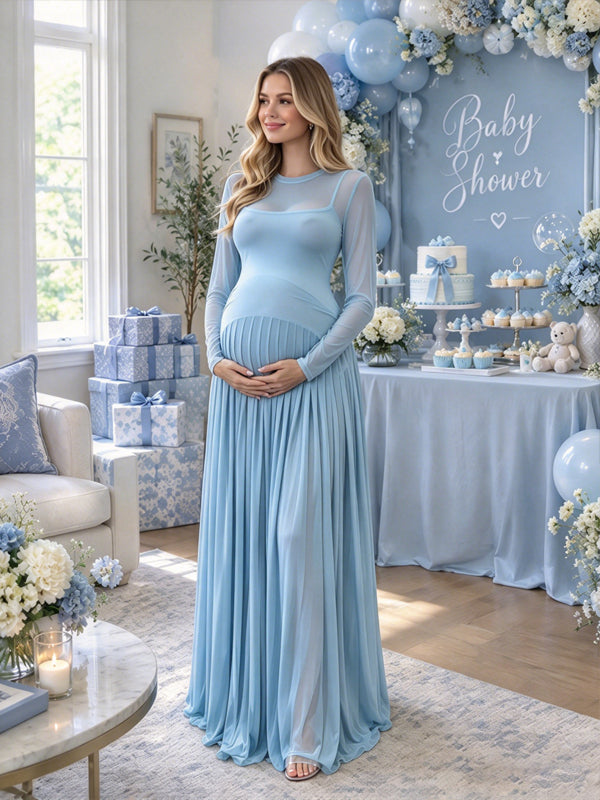 Sky Blue Elegant Sheer Maternity Maxi Dress with Draped Hem Detail and Flattering Silhouette