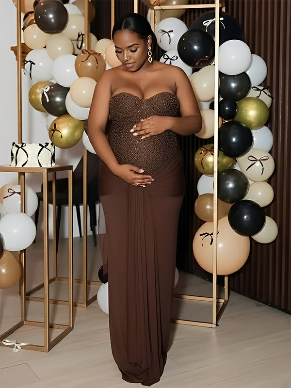 Momyknows Sequin Bandeau Ruched Knot Draped Bodycon Maternity Maxi Dress Brown / S Momyknows Sequin Bandeau Ruched Knot Draped Bodycon Maternity Maxi Dress Brown / S