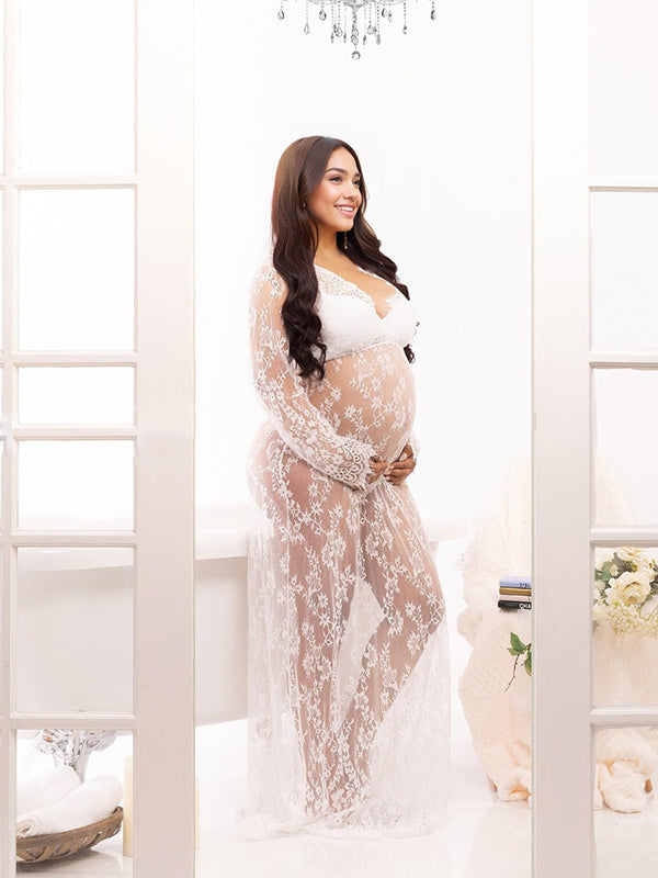 Momyknows White Lace Robe V-neck Photoshoot Plus Size Maternity Maxi Dress