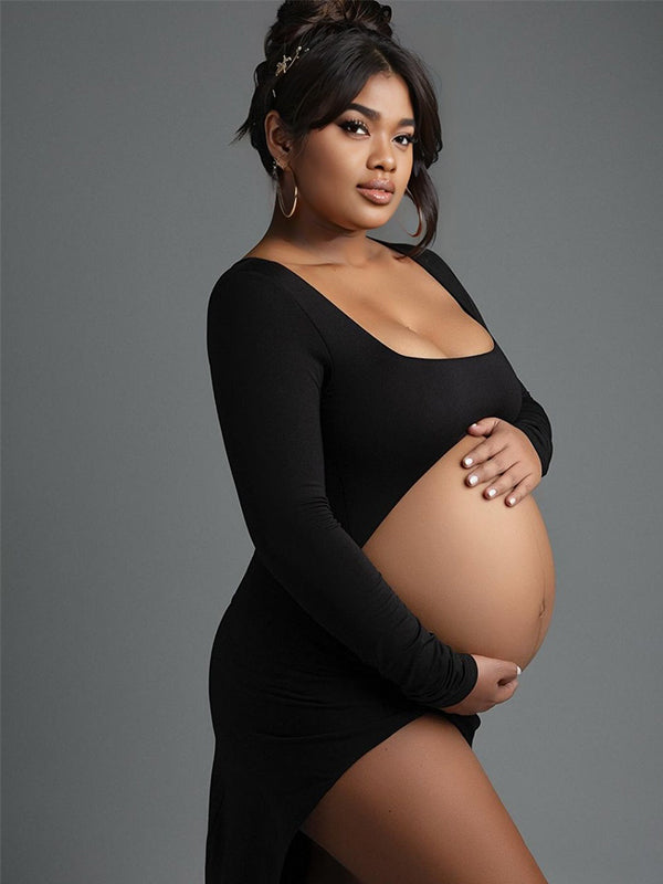 Momyknows Black Ruffle Cut Out Crop Side Slit Irregular Bodycon Photoshoot Maternity Maxi Dress