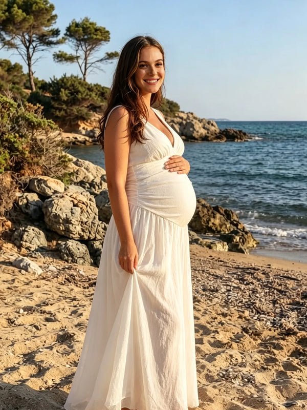 Momyknows V-neck Cut Out Backless Big Swing Solid Color Photoshoot Maternity Maxi Dress - White - 2