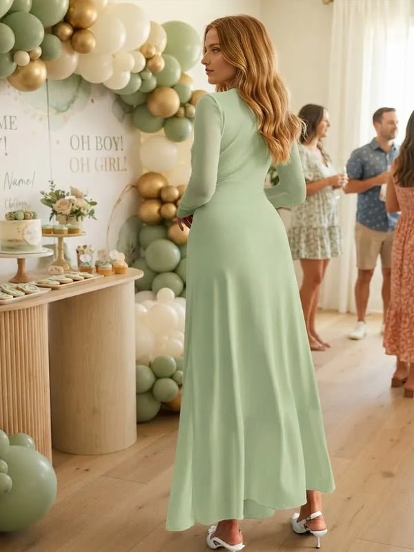 Momyknows Ruched Sheer Grenadine Bodycon Maternity Baby Shower Maxi Dress - Green - 9