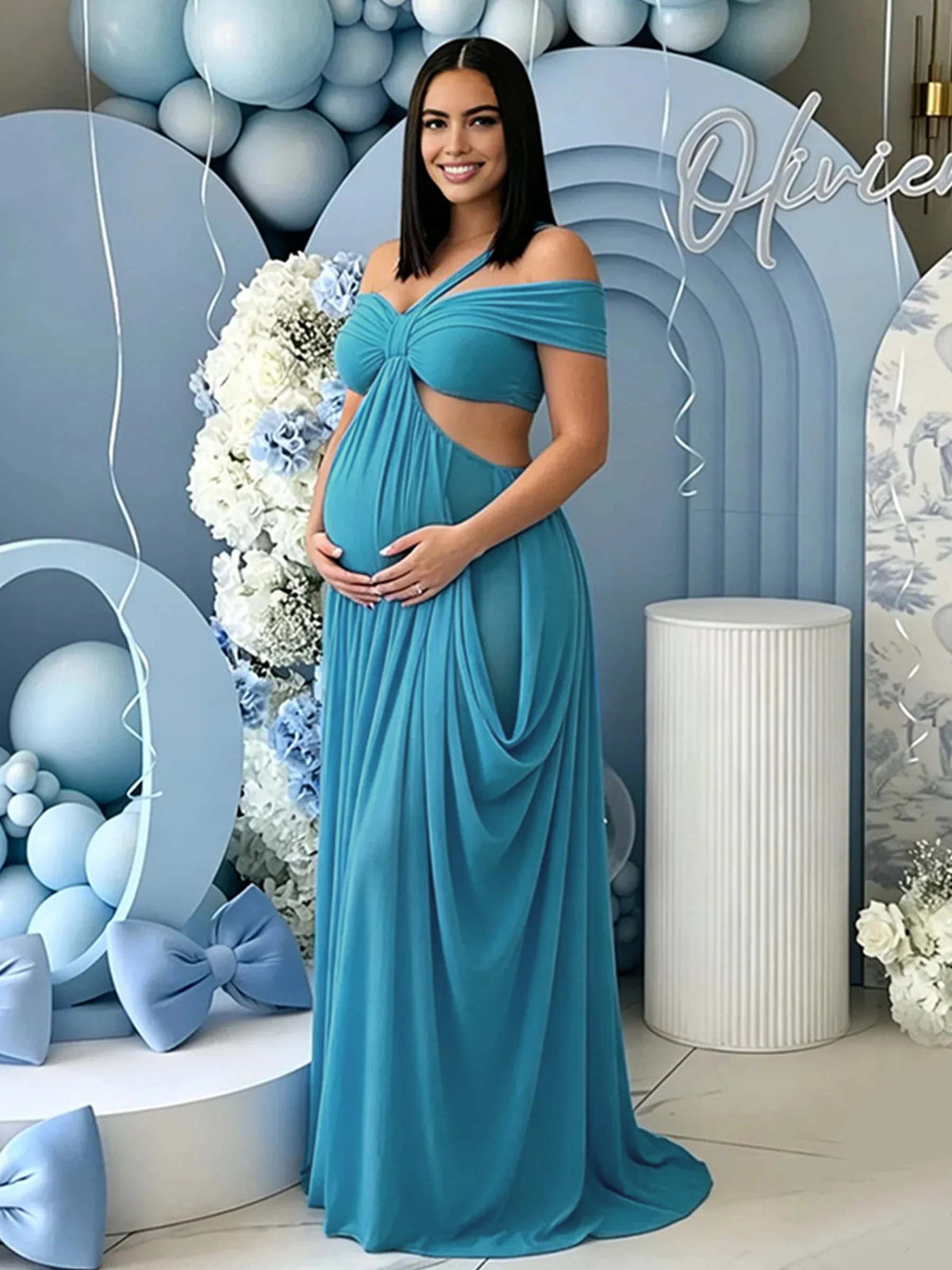 Momyknows off-shoulder Grenadine Ruffle Blue Photoshoot Maternity Maxi Dress