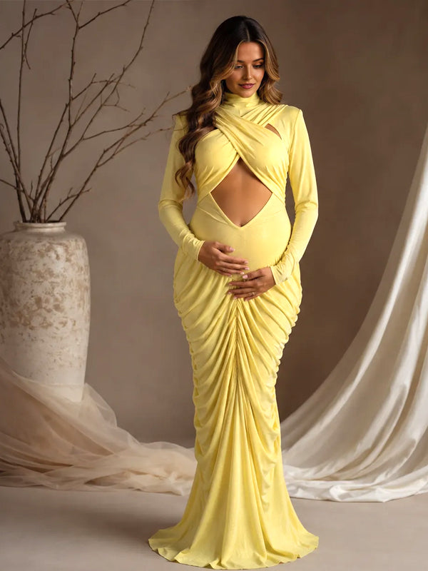 Yellow Ruched Maternity Maxi Dress with Cross Chest Detail and Elegant Fit, Photoshoot Occasion