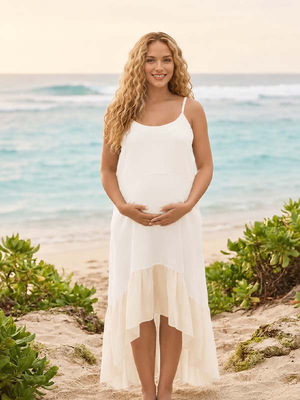 Momyknows Apricot Condole Belt Ruffle Grenadine Irregular Backless Maternity Photoshoot Midi Dress - apricot - 4