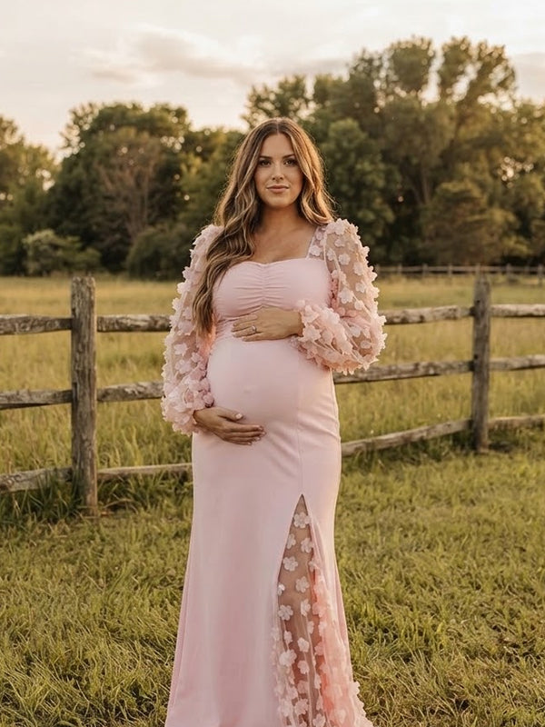 Pink Ruched Maternity Maxi Dress with Lace Splicing and 3D Flower Detail