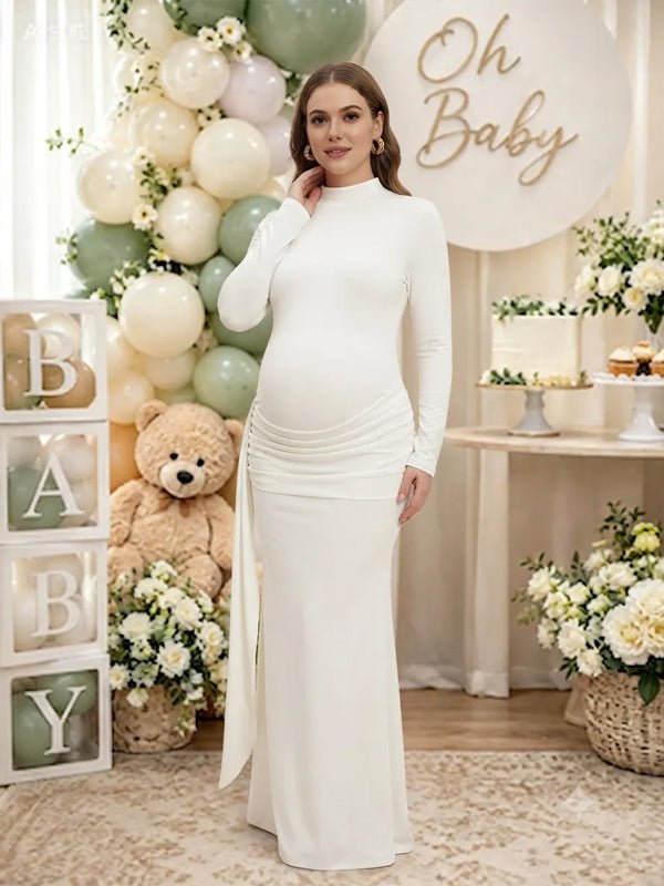 Momyknows White Long Sleeve Ruffle Ribbon Bodycon Maternity Baby Shower Maxi Dress - White - 2
