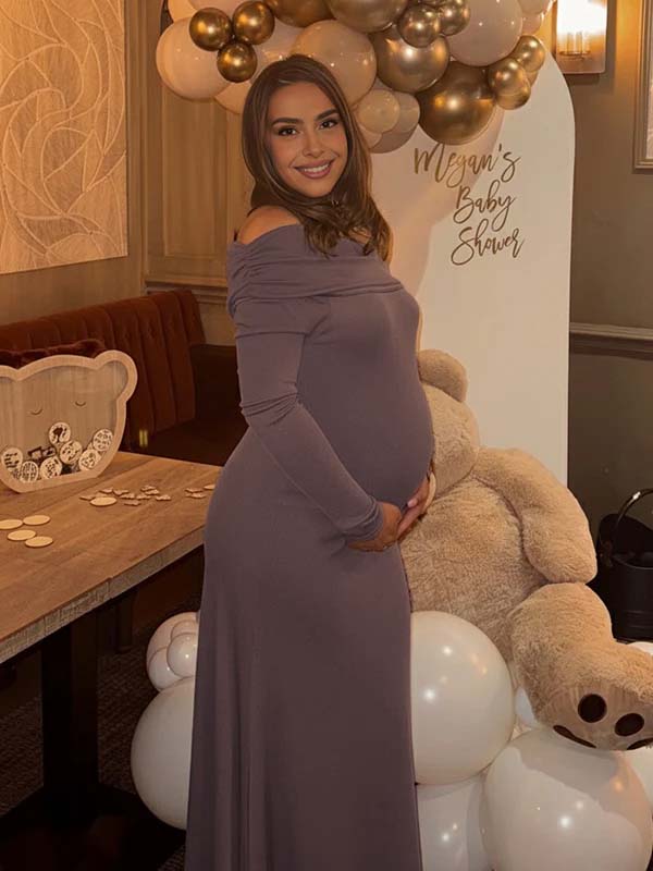 Momyknows Off Shoulder Ruched Irregular Hem Maternity Maxi Dress