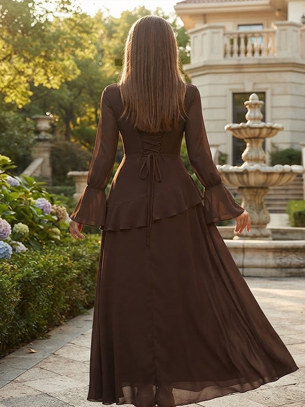 Coffle Maternity Maxi Dress with Lace Up Design and Flare Sleeve Silhouette