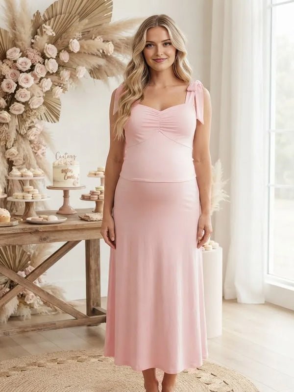 Momyknows Lace Up Ruched Zipper Backless Big Swing Maternity Baby Shower Midi Dress - Pink - 8