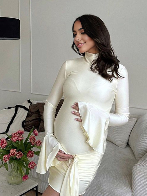 Momyknows Solid Color Cascading Ruffle Irregular High Neck Draped Bodycon Falbala Elegant Flare Sleeve Bandage Party Baby Shower Maternity Mini Dress