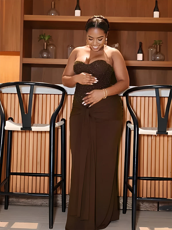 Momyknows Sequin Bandeau Ruched Knot Draped Bodycon Maternity Maxi Dress Pink / L Momyknows Sequin Bandeau Ruched Knot Draped Bodycon Maternity Maxi Dress Pink / L