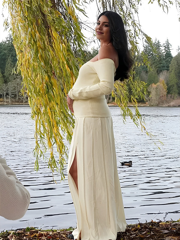 Momyknows Off Shoulder Pleated Side Slit Big Swing Elegant Maternity Maxi Dress