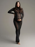 Momyknows Black Rhinestone Bodycon Mesh Long Sleeve Evening Gown Photoshoot Plus Size Club Maternity Maxi Dress
