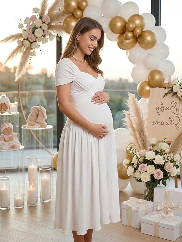 Momyknows White Cross Chest Bodice Ruched A-line Maternity Midi Dress