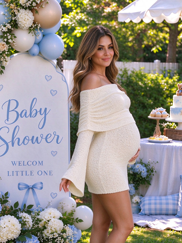 Apricot Maternity Mini Dress with Off-Shoulder Neckline and Sheer Details and Elegant Silhouette