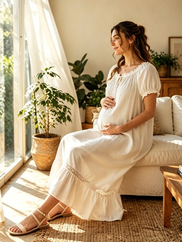 Momyknows Open Back Lace Ruched Lace-Up Maternity Photoshoot Maxi Dress - White - 2