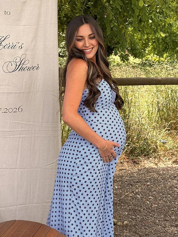Momyknows Chic Blue Bandeau Grenadine Polka Dot Baby Shower Maternity Maxi Dress - Blue - 1