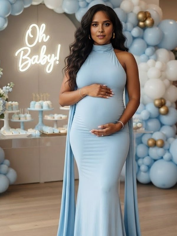 Momyknows High Neck Ribbon Trumpet Ruched Maternity Baby Shower Maxi Dress - Blue - 4