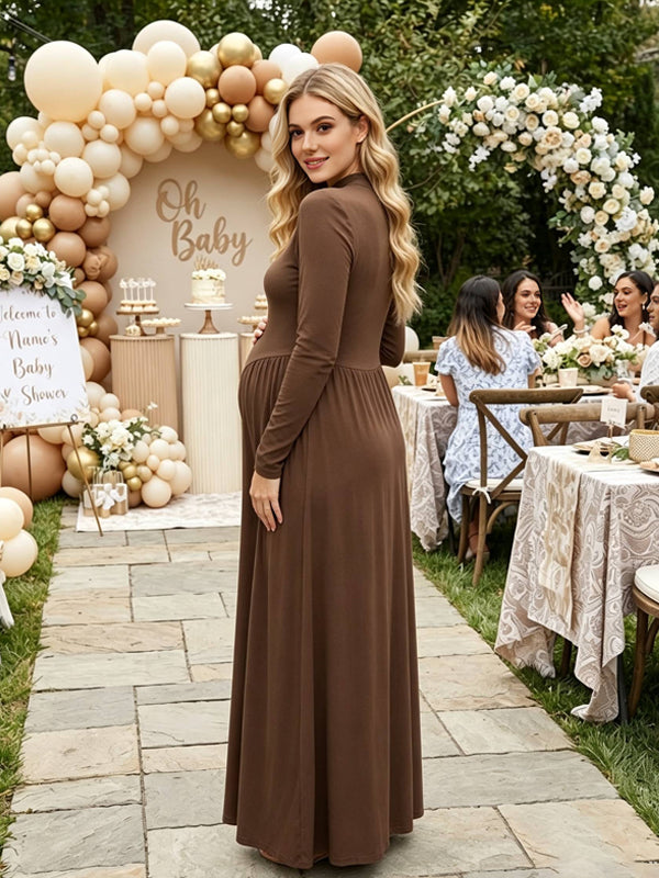 Brown Pleated Maternity Dress with High-Waisted A-Line Design and Bodycon Fit