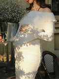 Momyknows White Off Shoulder Ruffle Flare Sleeve Back Split Party Elegant Baby Shower Maternity Midi Dress