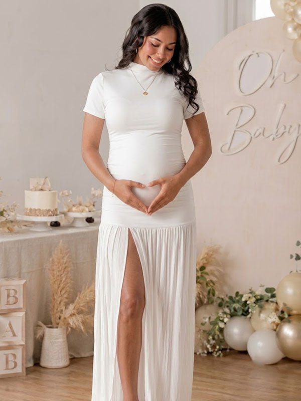 Momyknows Chic White Bodycon Side Slit Ruched Baby Shower Maternity Maxi Dress - White - 2