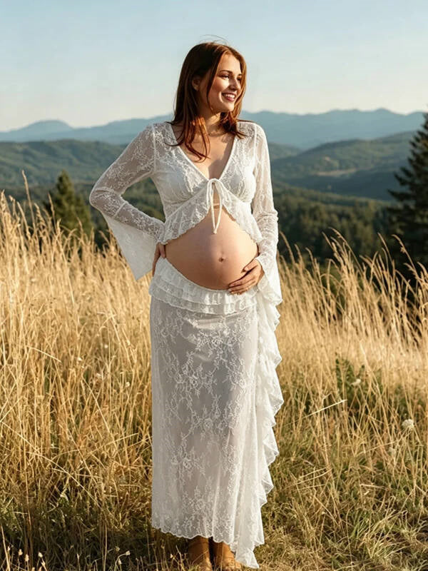 White Lace Flouncy Flare Sleeve Sheer Maternity Dresses