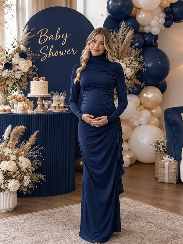 Navy Blue Baby Shower Maternity Maxi Dress with Ruffle Drape and Gathered Waist Design