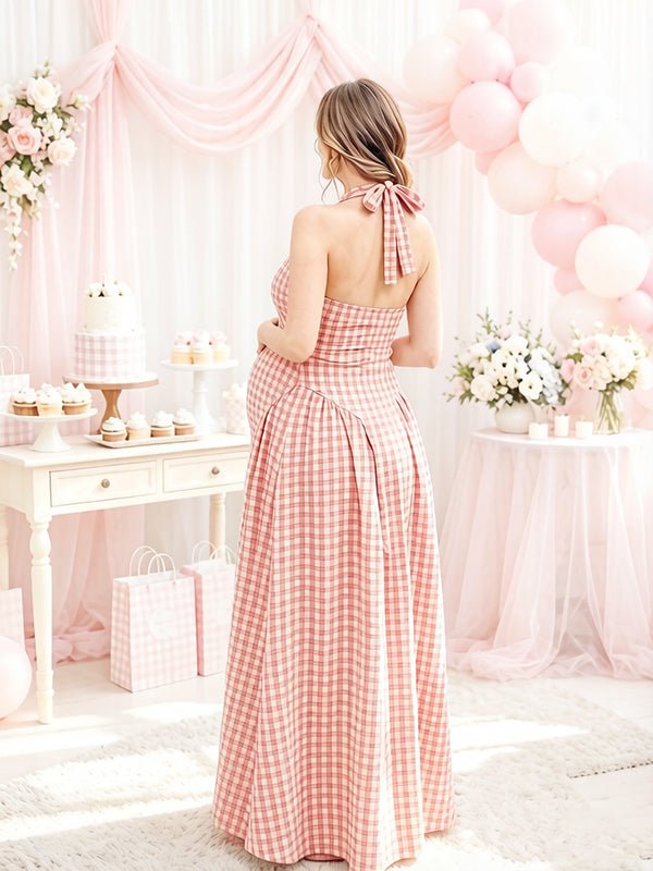 Momyknows Halter Neck open back Flannel Dress Maternity Baby Shower Maxi Dress - Pink - 5