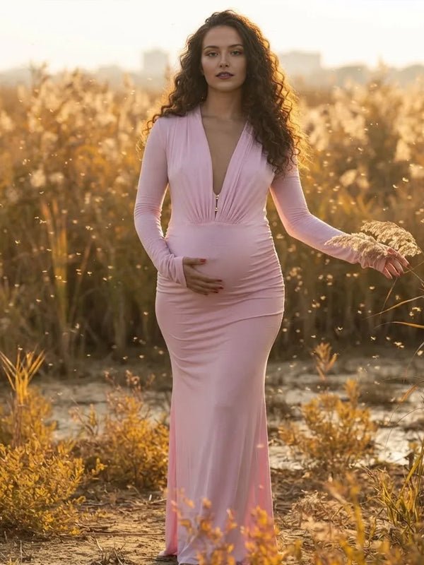 Momyknows Deep V Ruched Sheer Bodycon Maternity Photoshoot Maxi Dress - Pink - 3