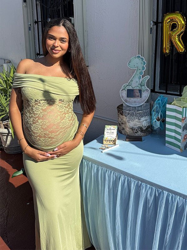 Momyknows Off Shoulder Lace Sheer Splicing Ruched Baby Shower Maternity Maxi Dress, Green / 2XL