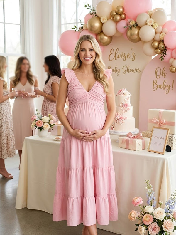 Momyknows Pink Ruffle Ruched Big Swing Maternity Maxi Dress