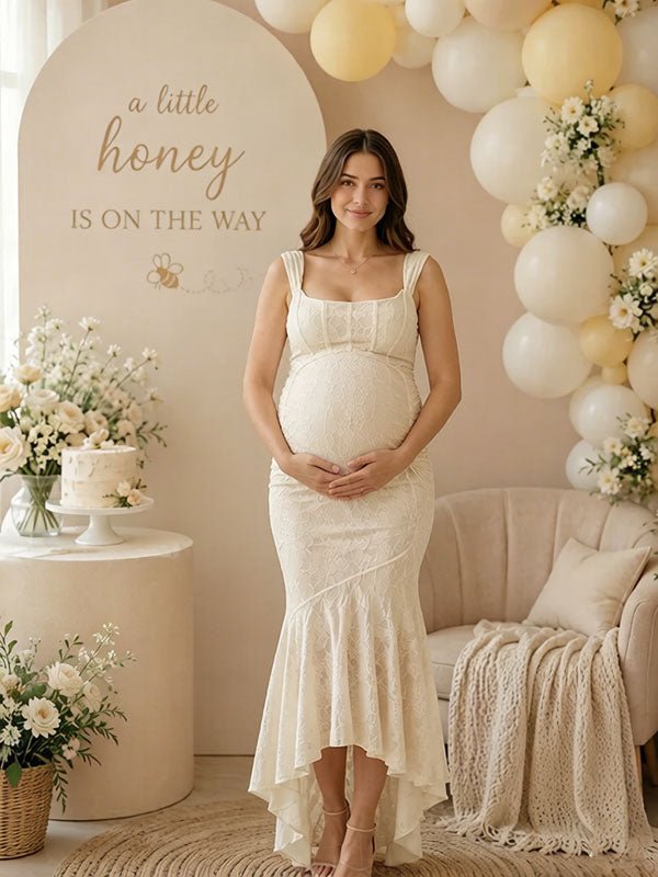 Momyknows Elegant Beige Ruched Floral Irregular Mermaid Bodycon Maternity Baby Shower Maxi Dress, Beige / L