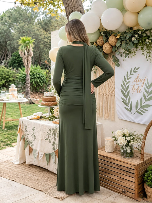 Olive Maternity Maxi Dress with Stacked Collar and Ruffle Details