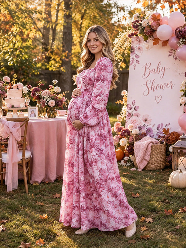 Pink Printed Maternity Maxi Dress with Puff Sleeves and Elegant Silhouette