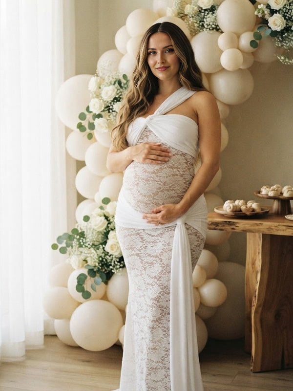 Momyknows White Oblique Shoulder Lace Ruched Sheer Lace Up Maternity Baby Shower Maxi Dress - White - 4