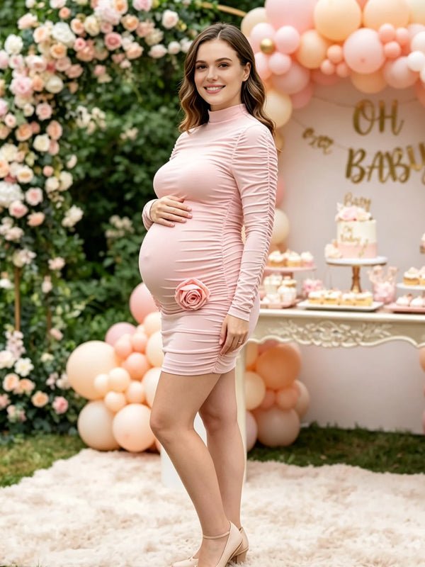 Momyknows Pink Long Sleeve High Neck Ruffle 3D Flower Solid Color Maternity Baby Shower Mini Dress - Pink - 2