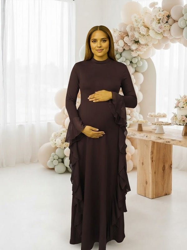 Momyknows White Ruffle Flare Sleeve Big Swing Sheer Maternity Baby Shower Maxi Dress - Brown - 4