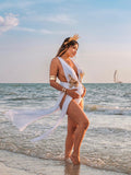 Momyknows Off Shoulder Backless Side Slit Embroidery V-Neck Photoshoot Maternity Maxi Baby Shower Dress