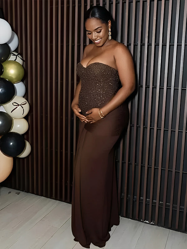 sequin top maternity dress SEQUIN TOP On/Off Shoulders/Modest Lined Closed Midnight Blue Gown~Maternity Photoshoot/Baby Shower Gown/PLUS sizes