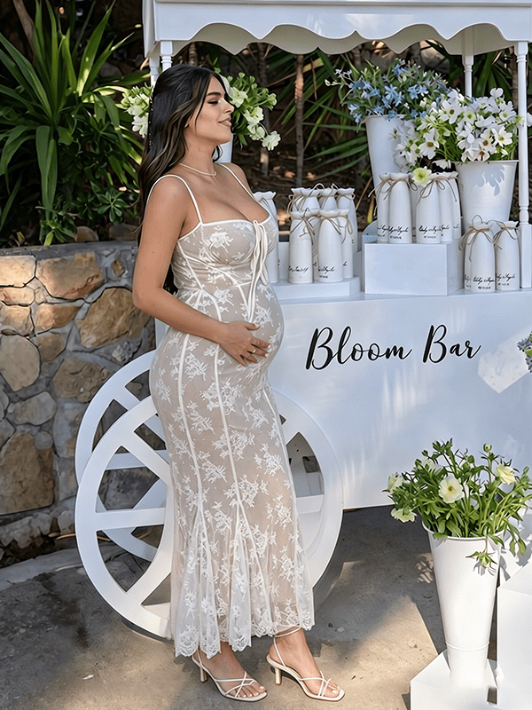 Momyknows White Lace Corset Spaghetti Straps Mermaid Bodycon Elegant Cocktail Party Maternity Baby Shower Maxi Dress