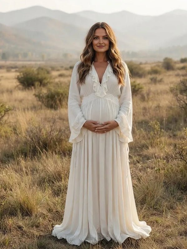 Momyknows White Ruffle Lace Up Smocked Slit Sleeve Big Swing Maternity Photoshoot Maxi Dress - White - 2