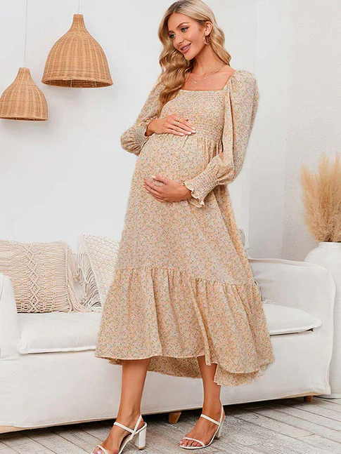 Momyknows Chiffon Floral Print Ruffle High Waist Boutique Holiday Sweet Maternity Maxi Dress Yellow / M Momyknows Chiffon Floral Print Ruffle High Waist Boutique Holiday Sweet Maternity Maxi Dress Yellow / M