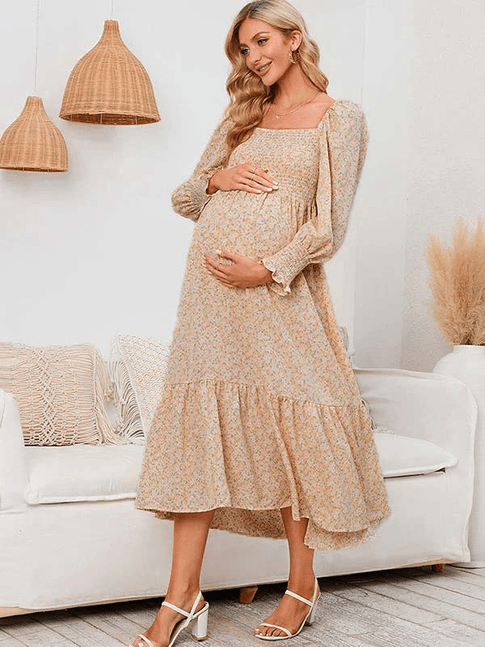 Momyknows Chiffon Floral Print Ruffle High Waist Boutique Holiday Sweet Maternity Maxi Dress, Blue / M