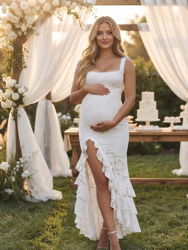 Momyknows White Spaghetti Strap Ruffle Lace Side Slit Backless Maternity Baby Shower Maxi Dress - White - 1