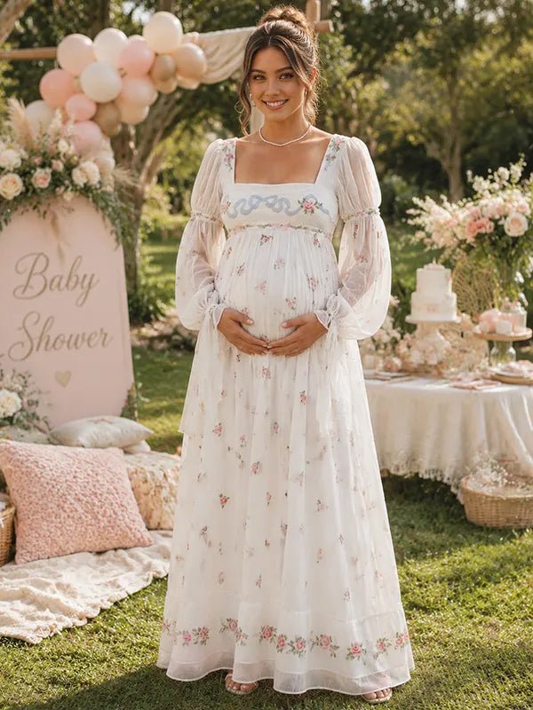 Momyknows Rice White Ruched High Waisted Open Back Flare Sleeve Embroidery Baby Shower Maxi Dress - Rice White - 1