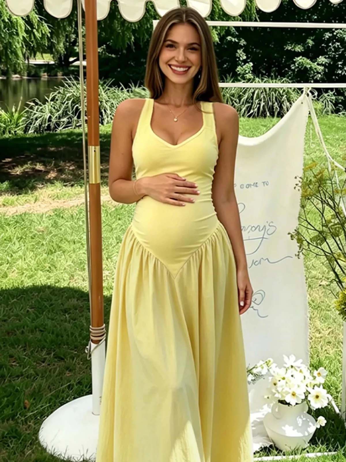 Momyknows Halter Neck Backless Lace Up Ruffle Baby Shower Maternity Maxi Dress