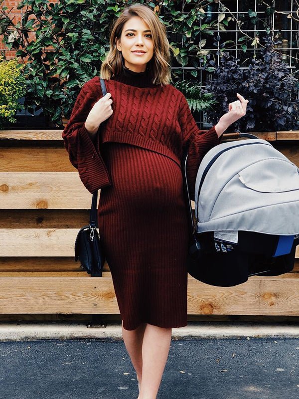 maternity red sweater dress Red V-Neck Oversized Maternity Sweater Dress