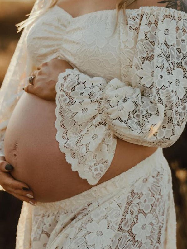 Momyknows Boho Lace Off Shoulder Lace Tassel Crop 2-in-1 Side Slit Ruffle Photoshoot Maternity Maxi Dress, Apricot / M